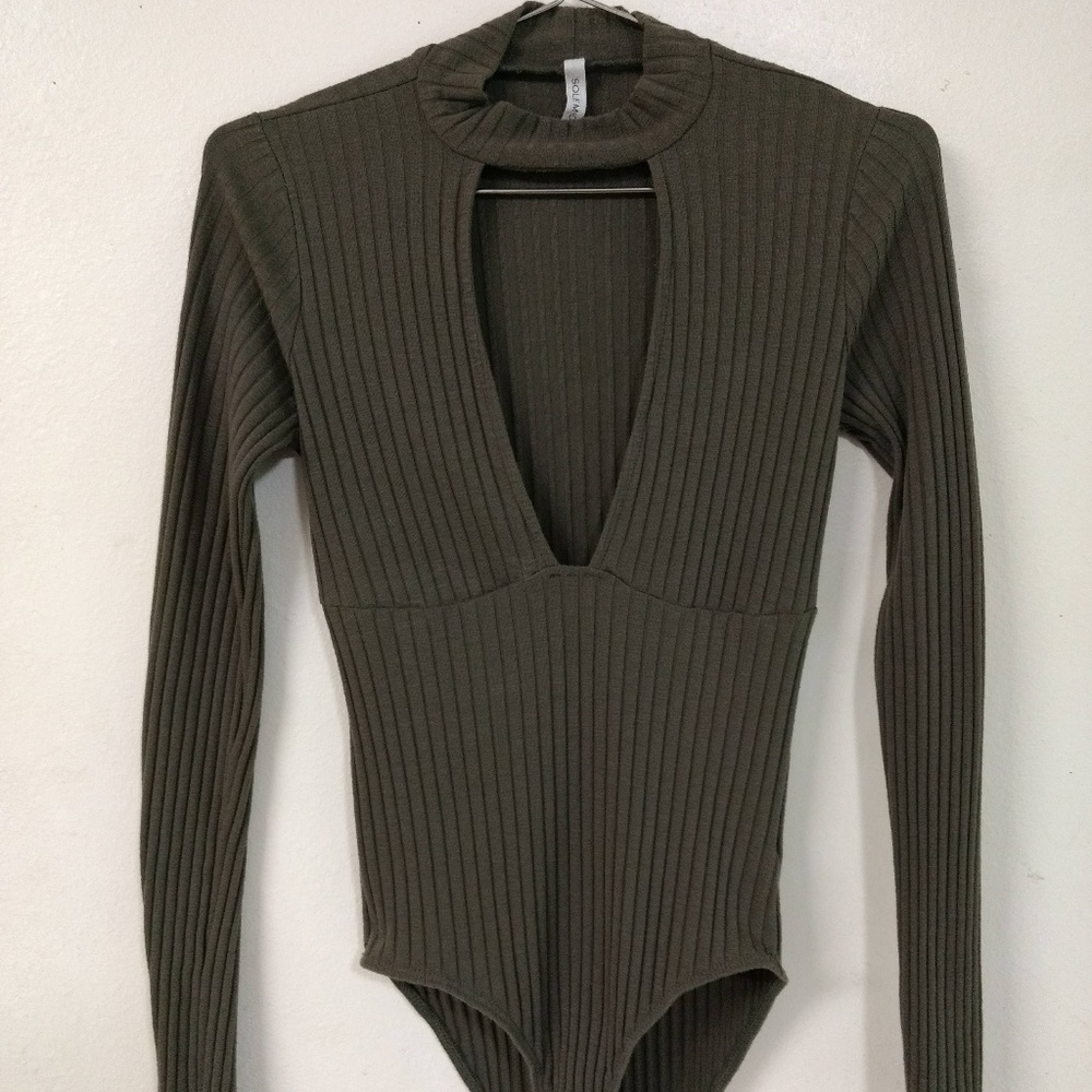 Olive bodysuit, long sleeve, plunge window neck.
